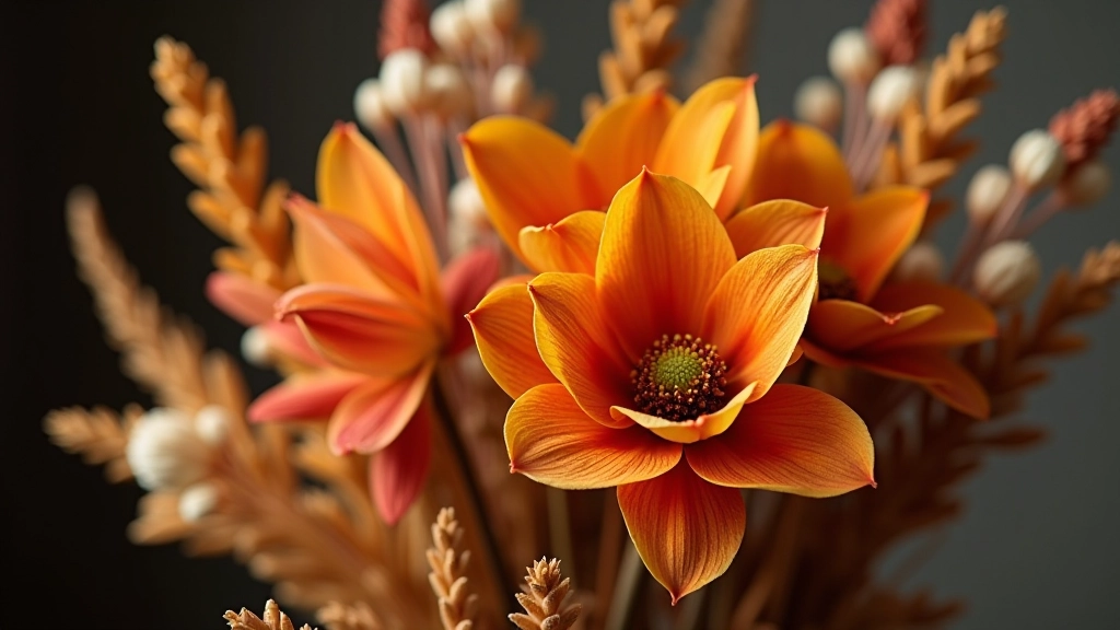 Close-up of dried flowers in various autumn tones