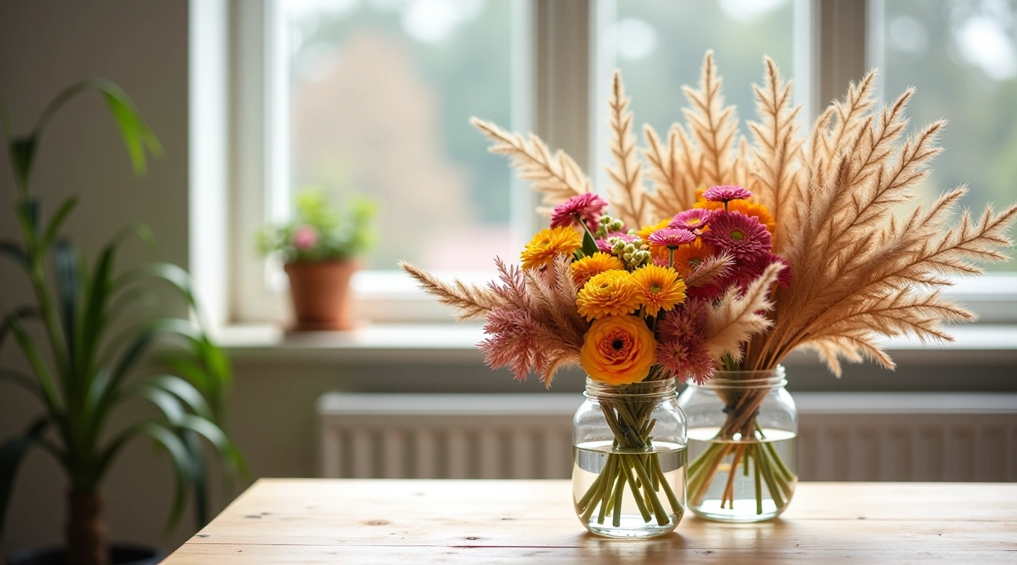 nexoovia dried flower arrangements displayed in a modern wooden studio with natural afternoon light streaming through large windows