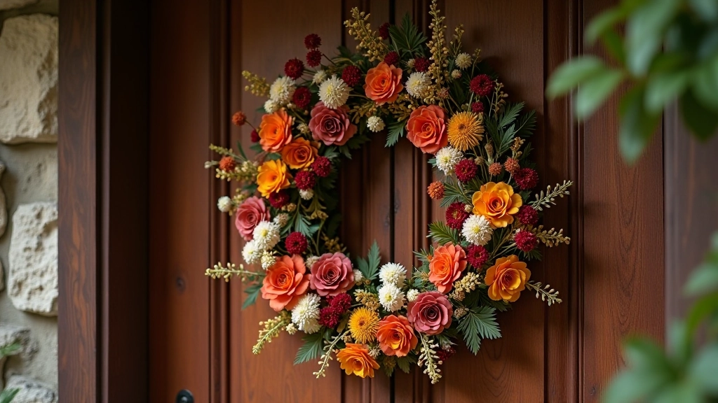 Dried flower wreath on wooden door