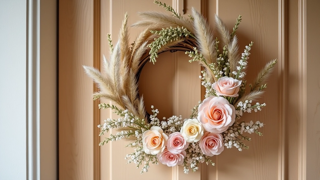 Spring wreath with dried flowers in soft pastels and fresh greenery