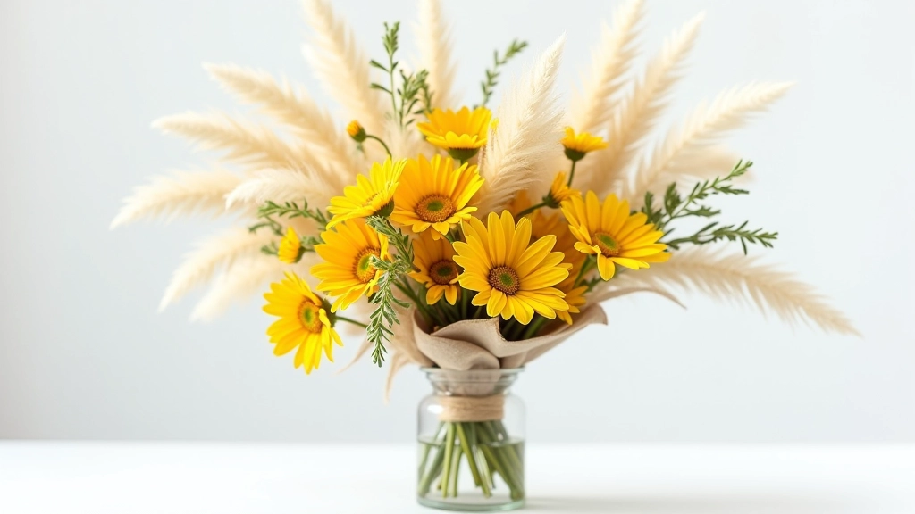 Summer dried flower bouquet with yellow, cream and green tones